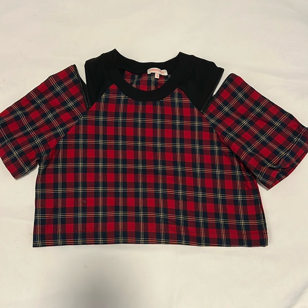 Red plaid cute punk top with zippers